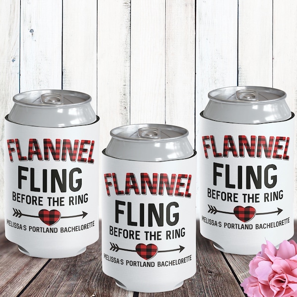 Plaid Bachelorette Party Can Coolers. Flannel Fling Party Favors, Custom Can Cozy, Camping Mountain Cabin Bachelorette + Bridesmaid Gifts