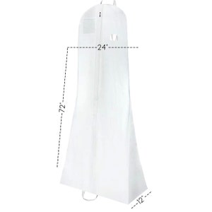 May include: White garment bag with a zipper closure and a clear window. The bag measures 72 inches tall, 24 inches wide, and 12 inches deep.