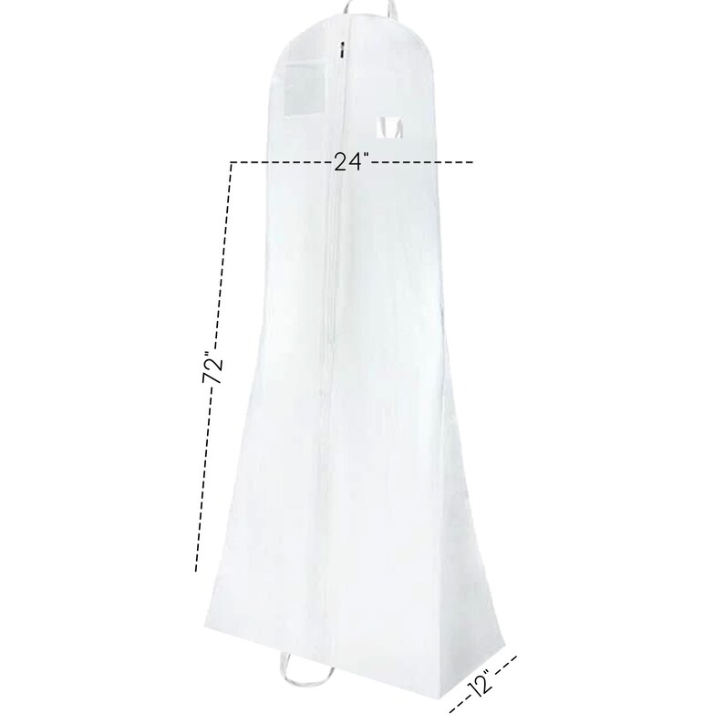 May include: White garment bag with a zipper closure and a clear window. The bag measures 72 inches tall, 24 inches wide, and 12 inches deep.