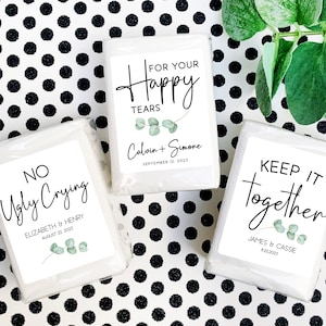 Wedding Tissue Favors + Custom Labels - Set of 15+ Facial Tissue Packs - No Ugly Crying, Keep it Together - Eucalyptus Leaf Wedding Favors