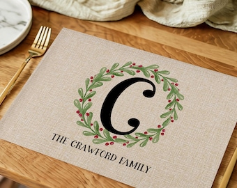Rustic Christmas Decor - Faux Linen Personalized Placemats - Monogrammed Place Mat Set - Holiday Table Decorations - Country Farmhouse Decor