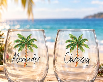 Palm Tree Christmas Wine Glass | Personalized Tropical Holiday Glass with Name