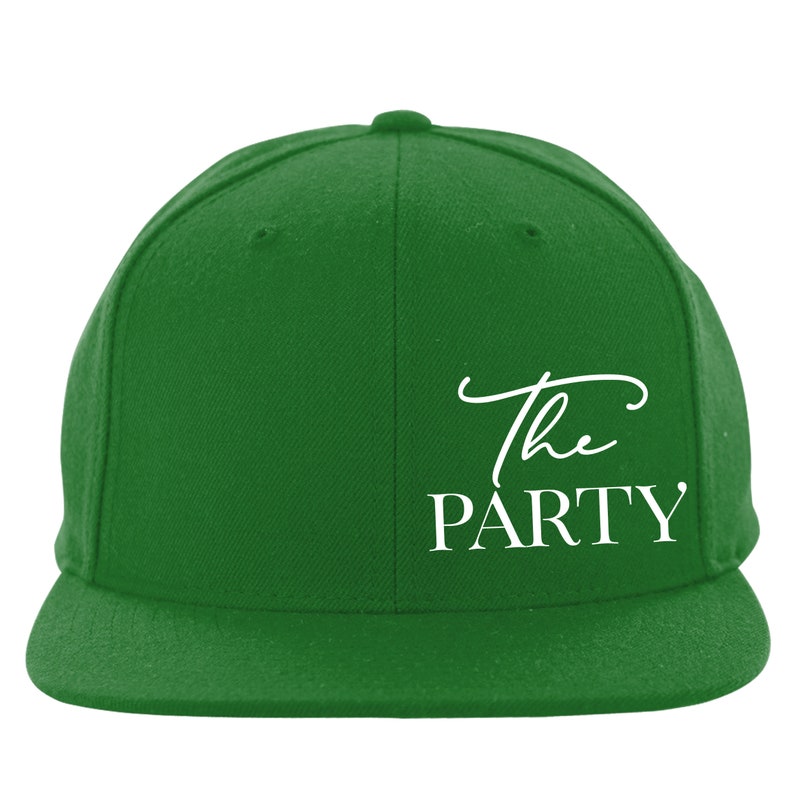 May include: A green baseball cap with a white embroidered design that says "The PARTY".