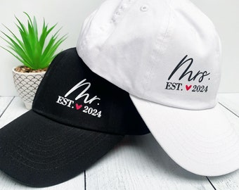 Mr and Mrs Honeymoon Hats with Year Established  | His and Hers Just Married Baseball Hats