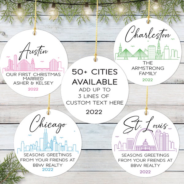 Custom City Ornaments - Personalized Christmas Gifts - Skyline Home Decor - Christmas Wedding Favors - Destination Vacation Ornaments
