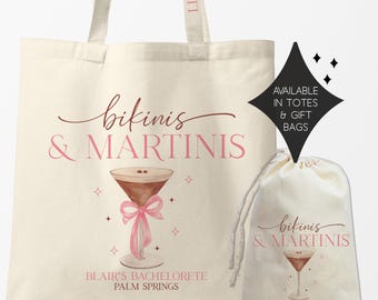 Bikinis and Espresso Martinis Custom Bachelorette Tote Bags, A Tini Bit Older Birthday Favors, Girls Trip, Personalized Birthday Favors