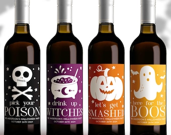 Custom Halloween Wine Bottle Labels, Spooky Bachelorette Party, Personalized Party Decor, Halloween Wine Bottle Stickers