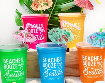 Party Favor Cups Bachelorette, Beach Vacation Favors Birthday or Girls Trip -  16 oz Plastic Stadium Tumblers with Straws and Lids