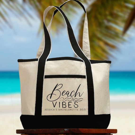 Beach Vibes Large Canvas Beach Bag, Personalized Bridesmaid Gifts ...