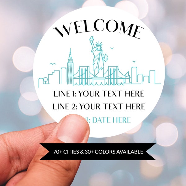 NYC Wedding Welcome to New York Favor Labels - Custom New York Party Favor Bag Stickers - NY Skyline Hotel Room Guest Gift Bag + Box Decals