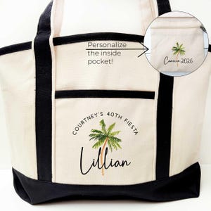May include: Cream-colored tote bag with black trim and handles. The bag features a palm tree graphic and the text "Courtney's 40th Fiesta" and "Lillian". A smaller inset shows a pocket with a palm tree and "Cancun 2026".