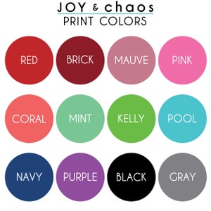May include: A color chart with 12 different colors, including red, brick, mauve, pink, coral, mint, kelly green, pool, navy, purple, black, and gray. The colors are displayed in circles with the color name written in white text.