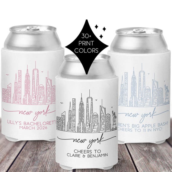 Custom New York Skyline Can Cooler - New York Party Favors | New York Wedding Can Cozies | NYC Bachelorette Favors | Conference Giveaways