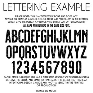 May include: A distressed font alphabet with uppercase letters and numbers in a black and white distressed style. The text reads "LETTERING EXAMPLE" and includes a note about the font's distressed style and the intentional design choice of the "speckles".