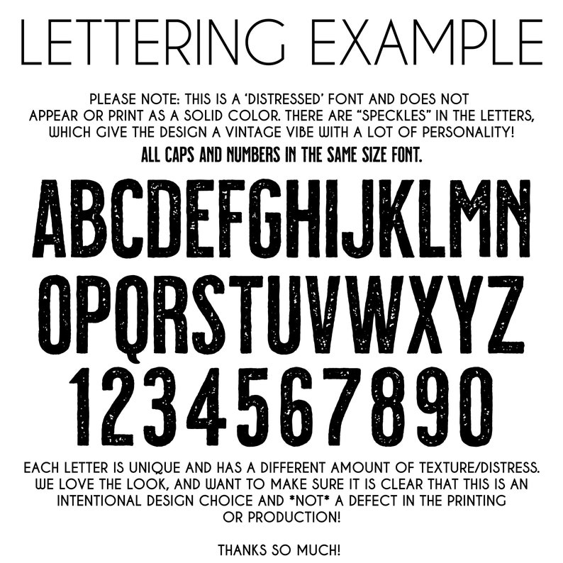 May include: A distressed font alphabet with uppercase letters and numbers in a black and white distressed style. The text reads "LETTERING EXAMPLE" and includes a note about the font's distressed style and the intentional design choice of the "speckles".