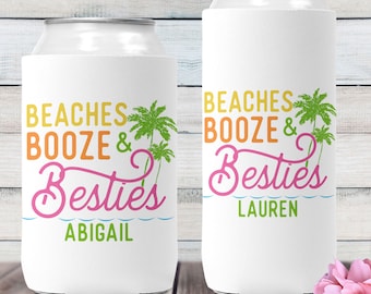 Beach Booze & Besties Can Coolers - Beach Bachelorette Party Favors -  Birthday Trip Gifts - Girls Trip Skinny Can Cozies with Names