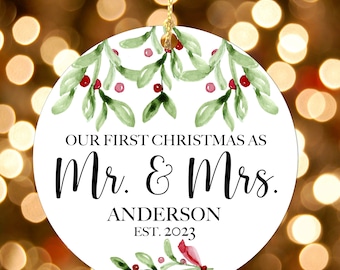 Our First Christmas as Mr & Mrs Ornament - Christmas Ornament 2023 - Personalized Newlywed Gifts for the Couple - 1st Xmas Holiday Wedding