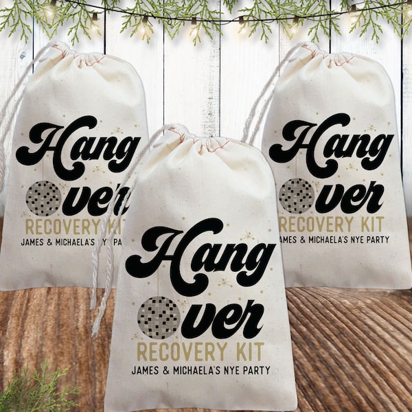 New Years Eve Favors - Custom Hangover Bags for New Years Eve 2024, Disco Ball Pink Gold + Black Decor, Retro Party Favor Recovery Kit Bags