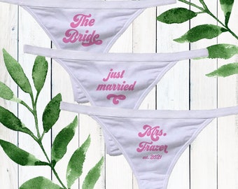 Personalized Bride Underwear - Custom Thong Panties: Mrs. Last Name + Year  - Something Blue - Bridal Shower Gifts - Monogrammed Lingerie Set