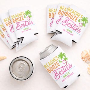 Personalized Beach Booze & Besties Can Coolers | Beach Bachelorette and Girls Trip Party Favors