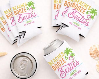Personalized Beach Booze & Besties Can Coolers | Beach Bachelorette and Girls Trip Party Favors