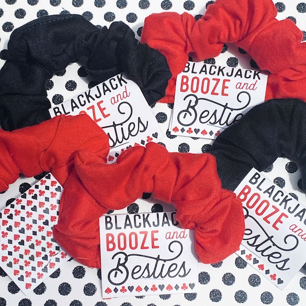 Casino Bachelorette Scrunchies, Las Vegas Party Favor Tags for Ponytail Holders - Blackjack Booze & Besties - Monte Carlo Bridal Shower