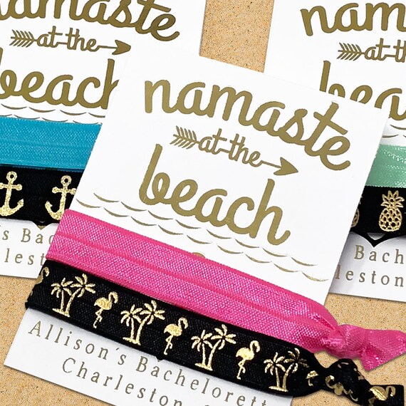Bachelorette Hair Ties Custom, Beach Wedding Favors, Beach Bachelorette Party, Personalized Namaste at the Beach Elastic Hair Ties, Flamingo Il_570xn