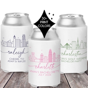 Custom Charleston Bachelorette Can Cooler | Charlotte Skyline Party Favor | Raleigh Wedding | Adult Birthday Favors | Retirement Guest Gifts