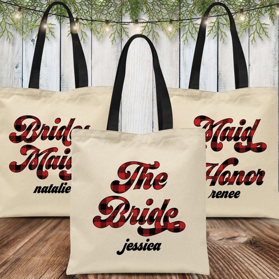 Plaid Custom Tote Bags - Flannel Fling Bachelorette Totes - Camping or Mountain Cabin Bridal Shower - Bridal Party Gift Bags - Buffalo Check Il_570xn