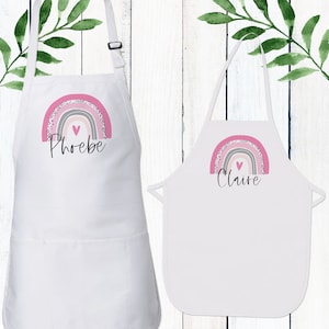 Personalized Girls Apron - Toddler Girl Apron with Pastel Pink Boho Rainbow & Script Name - Girls Easter Gift - Custom Mommy Daughter Aprons