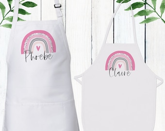 Personalized Girls Apron - Toddler Girl Apron with Pastel Pink Boho Rainbow & Script Name - Girls Easter Gift - Custom Mommy Daughter Aprons