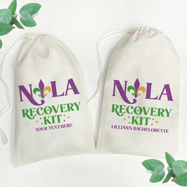 NOLA Recovery Kit Bags, New Orleans Hangover Kits, Custom Mardi Gras Hangover Recovery Favor Bags, Funny New Orleans Girls Trip Gift Bags