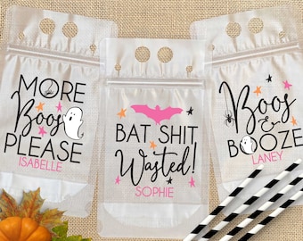 Halloween Party Cups - Boos and Booze Custom Drink Pouches - Adult Halloween Party Supplies - Spooky Decor - Halloween Bachelorette Favors