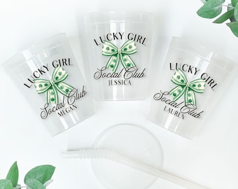 Lucky Girl Social Club St Patrick's Day 16oz Cups with Name | Custom Saint Patty's Party Favors