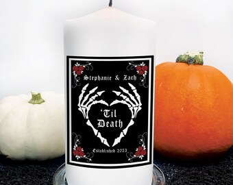 Til Death Wedding Candle, Gothic Home Decor, Halloween Wedding Gift for Couple,  Spooky Custom Pillar Candle with Skeleton Heart & Roses