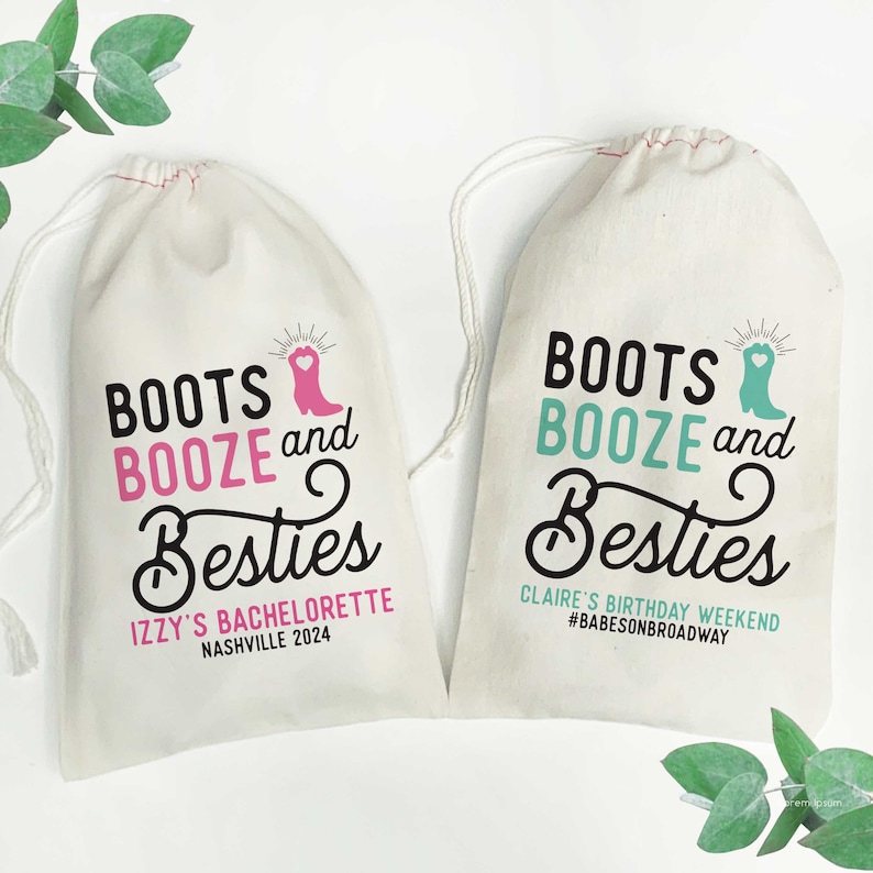 Nashville Bachelorette Party Favor Bags, Boots Booze Besties Gift Bags, Nash Bash, Let's Get Nashty, Custom Canvas Favor Bags image 1