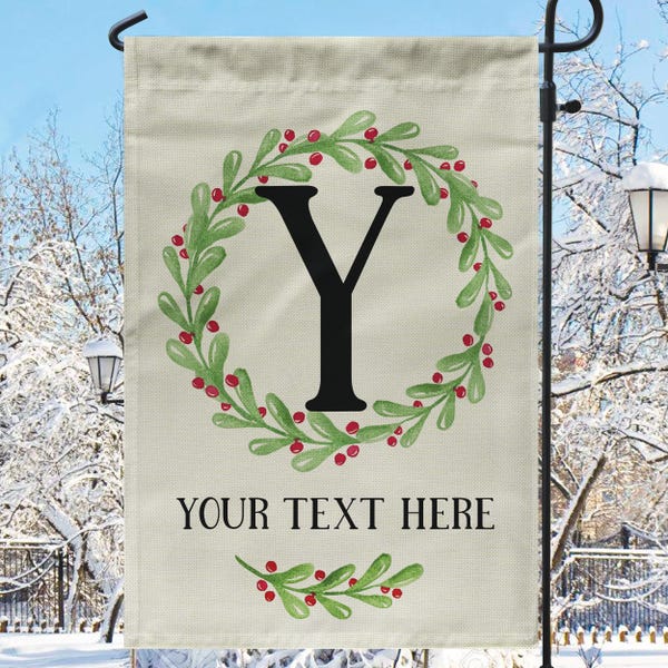 Rustic Christmas Outdoor Decor, Personalized Wreath Welcome Flag, Holiday Garden Flag - Custom Outdoor Yard Sign, Winter House Flag
