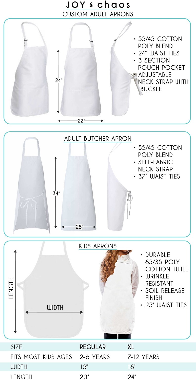 May include: Three white aprons with different sizes and features. The first apron is a standard adult apron with a 24-inch waist tie and a 22-inch length. The second apron is a butcher apron with a 37-inch waist tie and a 28-inch length. The third apron is a kids apron with a 25-inch waist tie and a 20-inch length.