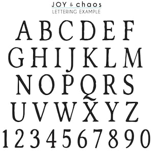 Puede incluir: Un alfabeto de fuente serif negra con letras may&uacute;sculas de la A a la Z y n&uacute;meros del 1 al 0 dispuestos en filas. El texto JOY & chaos LETTERING EXAMPLE est&aacute; impreso en negro en la parte superior de la pantalla, mostrando el estilo de fuente.