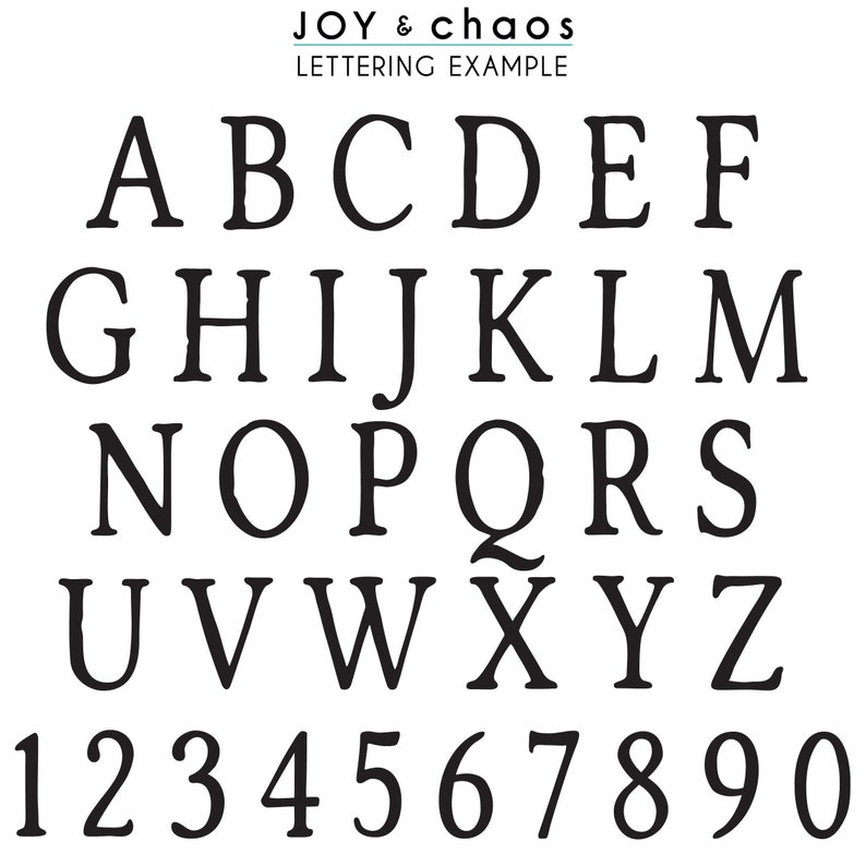 Puede incluir: Un alfabeto de fuente serif negra con letras may&uacute;sculas de la A a la Z y n&uacute;meros del 1 al 0 dispuestos en filas. El texto JOY & chaos LETTERING EXAMPLE est&aacute; impreso en negro en la parte superior de la pantalla, mostrando el estilo de fuente.
