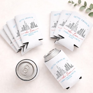Custom Chicago Skyline Can Coolers | Gettin Down in Chi Town Bachelorette, Birthday or Wedding Party Favors