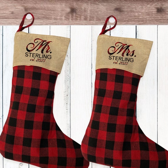 Mr. and Mrs. Stockings - Our First Christmas Stockings for Couple - Buffalo Check Plaid - His and Hers Matching Stocking Set with Last Name Il_570xn