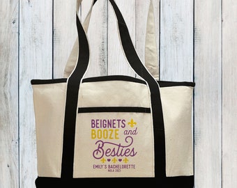 Personalized New Orleans Large Canvas Beach Tote Bag for Mardi Gras Bachelorette or Birthday, Beignets Booze & Besties Girls Trip Gift