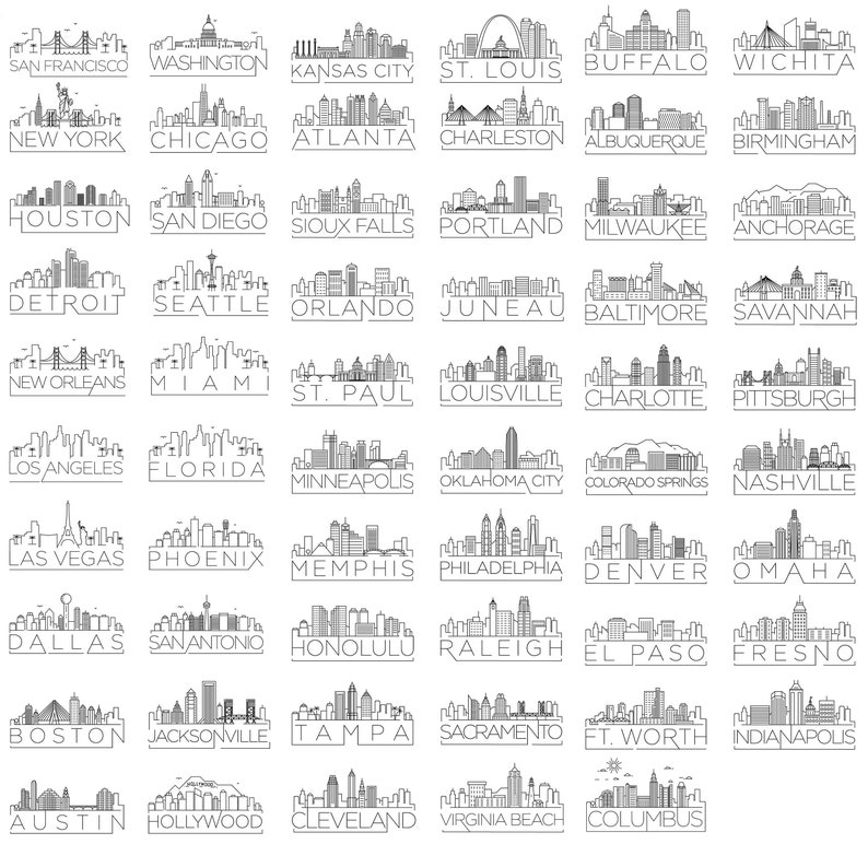 May include: A collection of 50 black and white line art illustrations of U.S. city skylines, each labeled with the city's name. Cities include New York, Chicago, Los Angeles, and more.