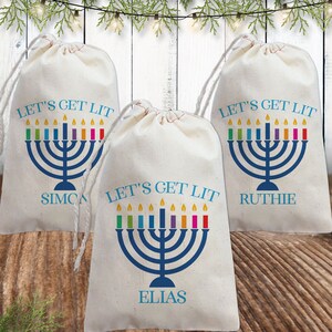 Hanukkah Gift Bags Personalized - Let's Get Lit Menorah Custom Hanukkah Party Favor Bags - Funny Jewish Holiday - Hanukkah Bags with Names