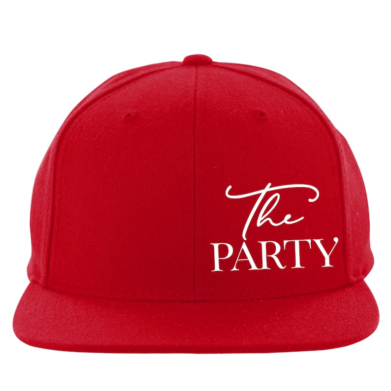 May include: Red baseball cap with a white embroidered design that says "The PARTY".