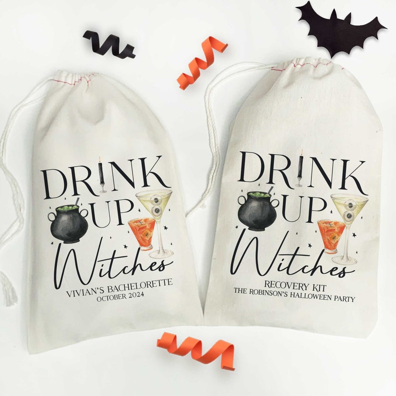 May include: Two white fabric drawstring bags with black text that reads "Drink Up Witches". One bag says "Vivian's Bachelorette October 2024" and the other says "Recovery Kit The Robinson's Halloween Party".