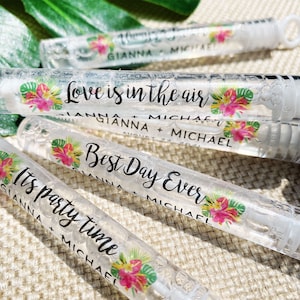 Tropical Wedding Favors - Bulk Bubble Tags Send Off - Personalized Labels for Hawaii Wedding Bubble Wands - Custom Floral Bubble Stickers
