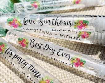 Tropical Wedding Favors - Bulk Bubble Tags Send Off - Personalized Labels for Hawaii Wedding Bubble Wands - Custom Floral Bubble Stickers