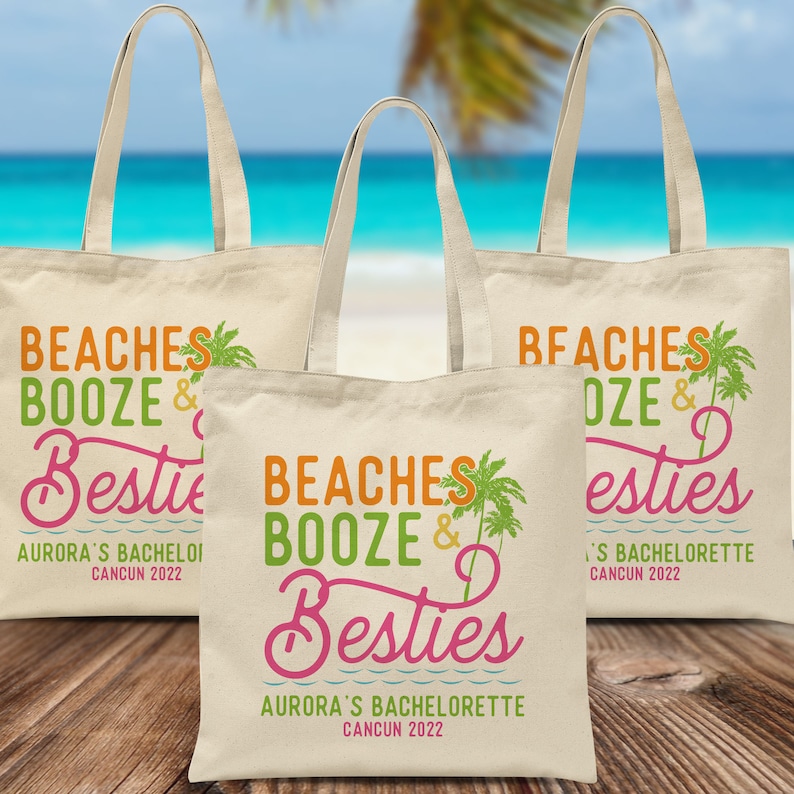 Beach Booze & Besties Tote Bag - Bachelorette Party Bag - Girls Trip Bags - Welcome Gift Bags - Best Friends Trip - Mexico Hawaii Getaway image 1